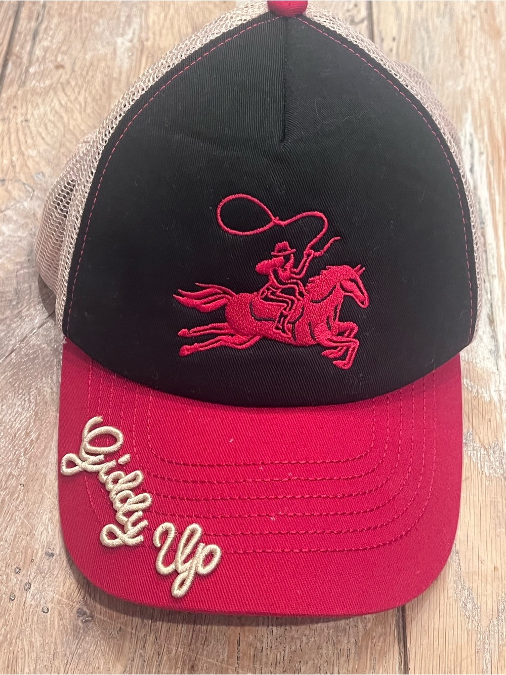 Understated Leather Black Red Beige Embroidered Trucker Hat Mesh Back Giddy Up